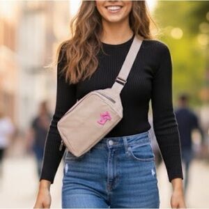 Taupe Crossbody Belt Bag with Pink Embroidery
